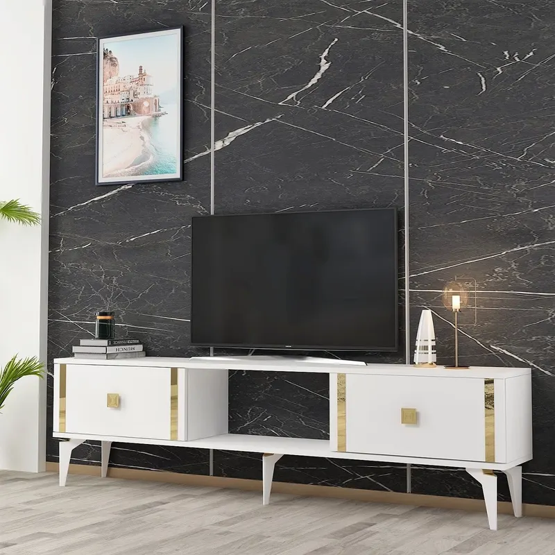 Comodă TV Doruk, Diverse culori, 150x30x45 cm - Alb - Auriu