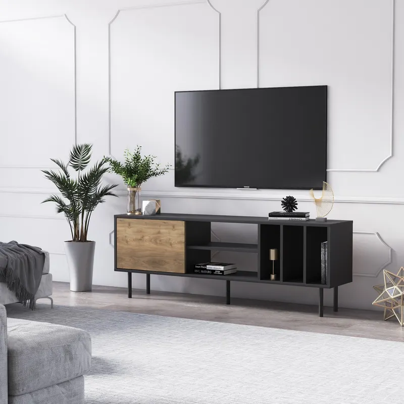 Comodă TV Pietra, Diverse culori, 160x35x57 cm - Nuc - Negru