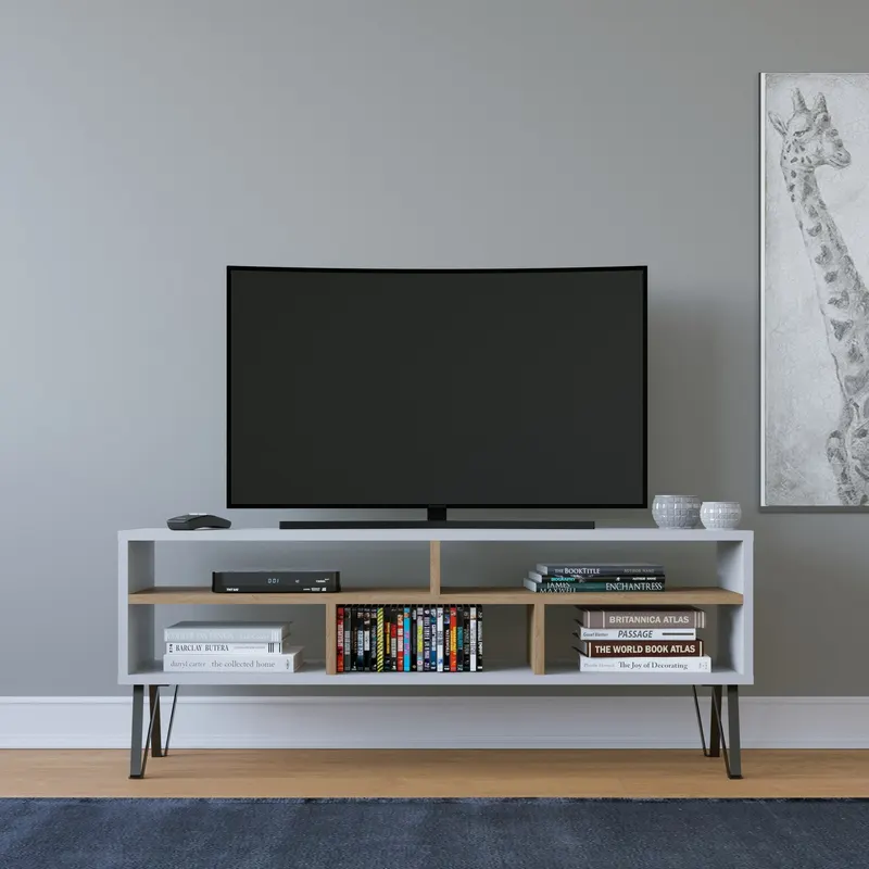 Comodă TV Ebuda, Diverse culori, 120x25x47 cm - Alb - Stejar