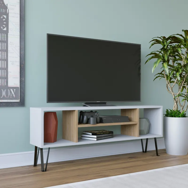 Comodă TV Garvin, Diverse culori, 120x25x47 cm - Alb - Stejar