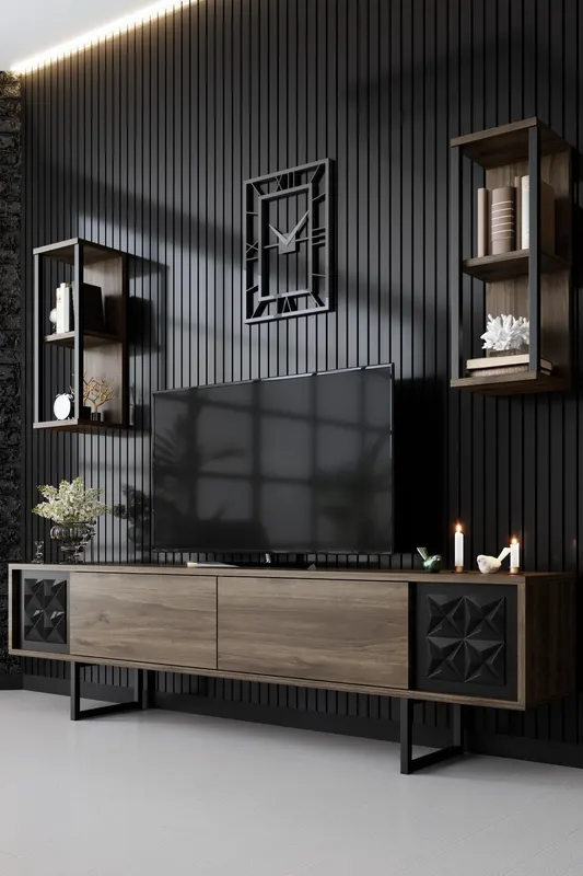 Set mobilă pentru sufragerie negru Line Set, Diverse culori, 180x30x18 cm - Nuc - Negru