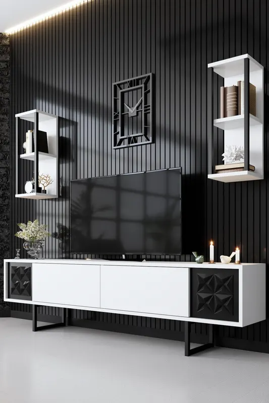 Set mobilă pentru sufragerie negru Line Set, Diverse culori, 180x30x18 cm - Alb - Negru