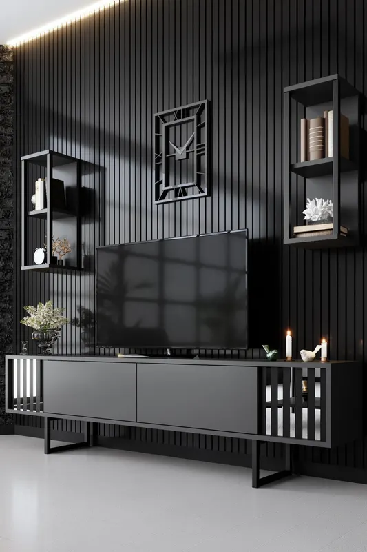 Set mobilă pentru sufragerie Chrome Line Set, Diverse culori, 180x30x18 cm - Antracit - Negru