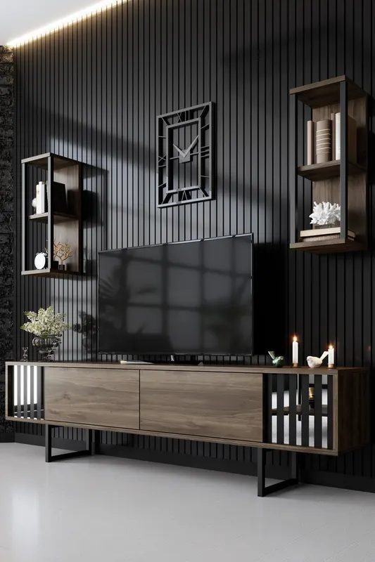 Set mobilă pentru sufragerie Chrome Line Set, Diverse culori, 180x30x18 cm - Nuc - Negru