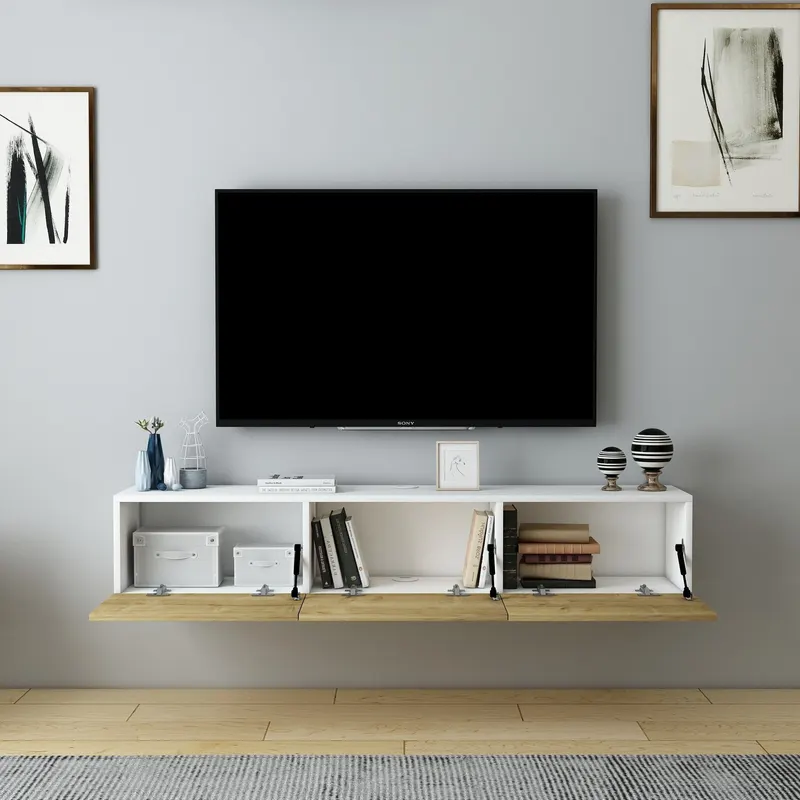 Comodă TV Denby, Diverse culori, 160x31x30 cm - Alb - Stejar