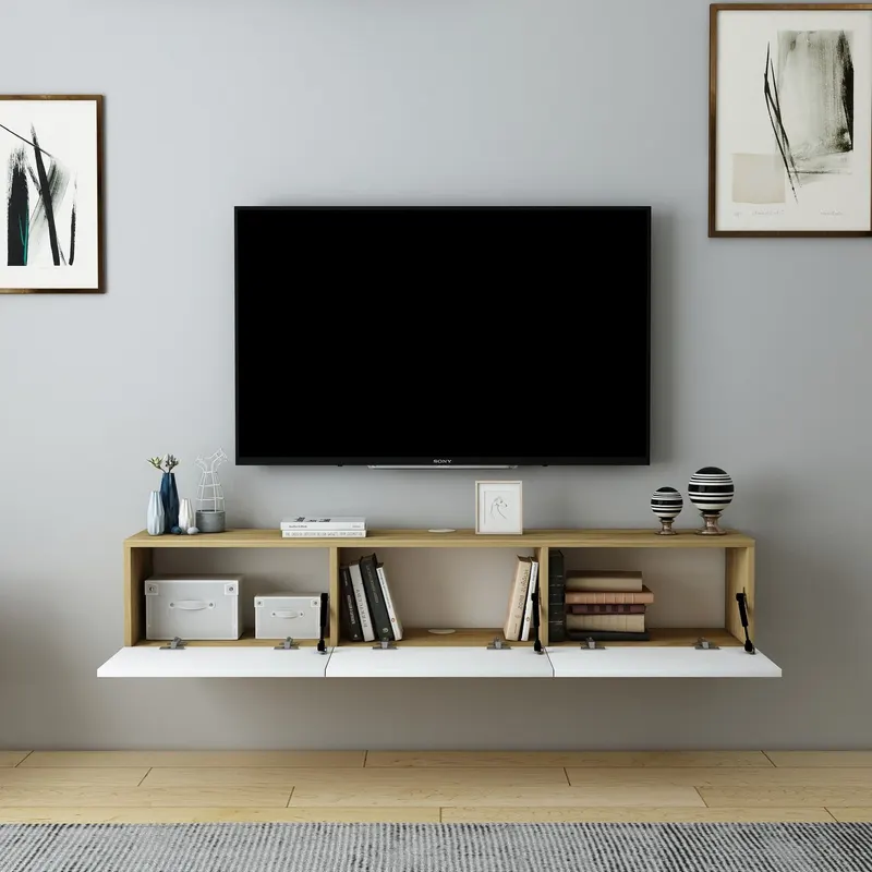 Comodă TV Denby, Diverse culori, 160x31x30 cm - Stejar - Alb