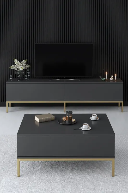 Comodă TV Lord, Diverse culori, 180x30x47 cm - Antracit - Auriu