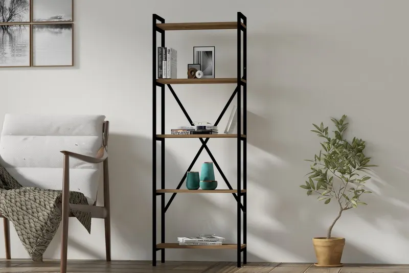 Bibliotecă Kinder, Diverse culori, 72x25x170 cm - Nuc - Negru