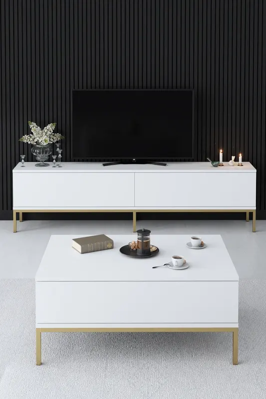 Set mobilă pentru sufragerie Lord, Diverse culori, 180x30x47 cm - Alb - Auriu