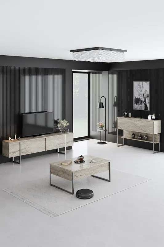 Comodă TV Luxe, Diverse culori, 180x30x50 cm - Travertin - Argintiu