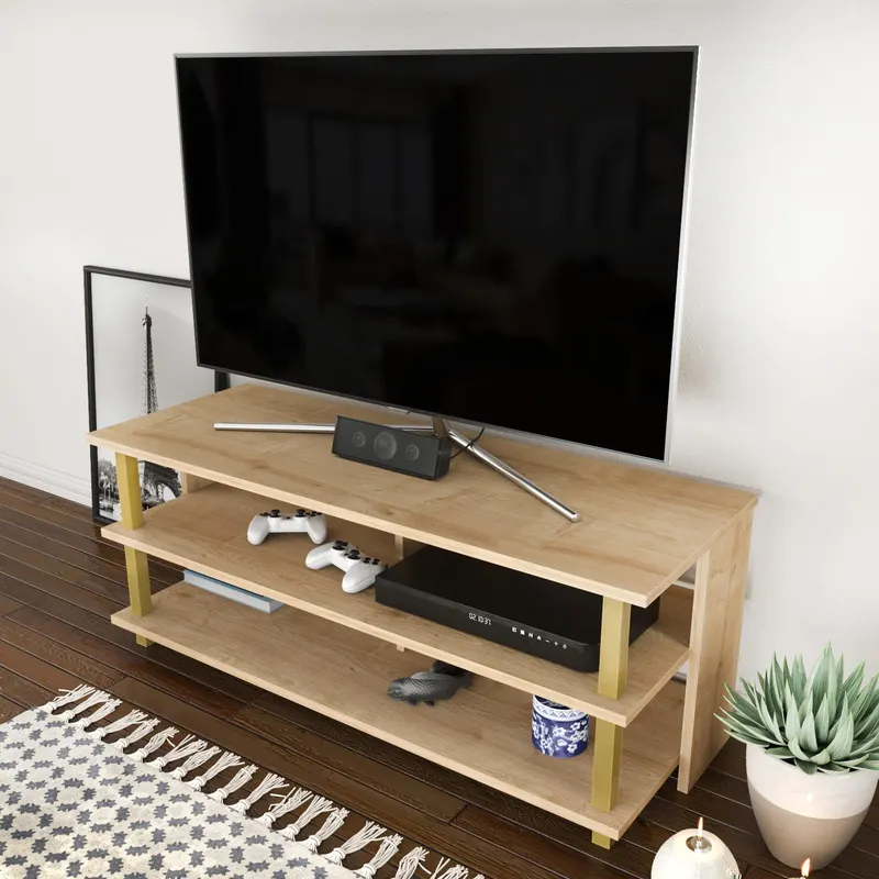 Comodă TV Pueblo, Diverse culori, 120x45x47 cm - Auriu - Stejar