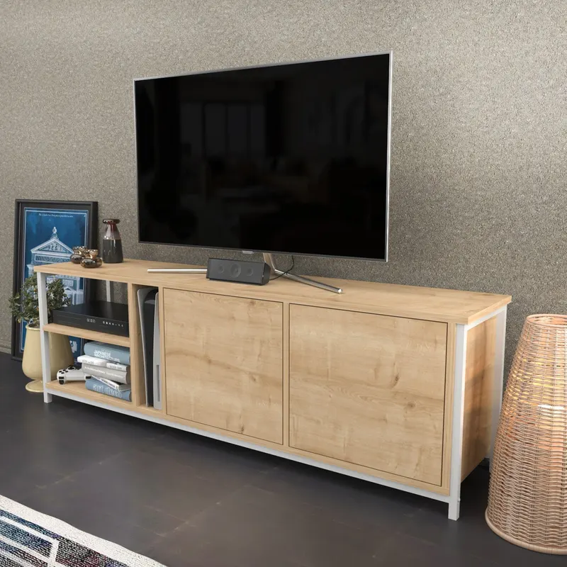Comodă TV Primrose, Diverse culori, 160x35x51 cm - Alb - Stejar