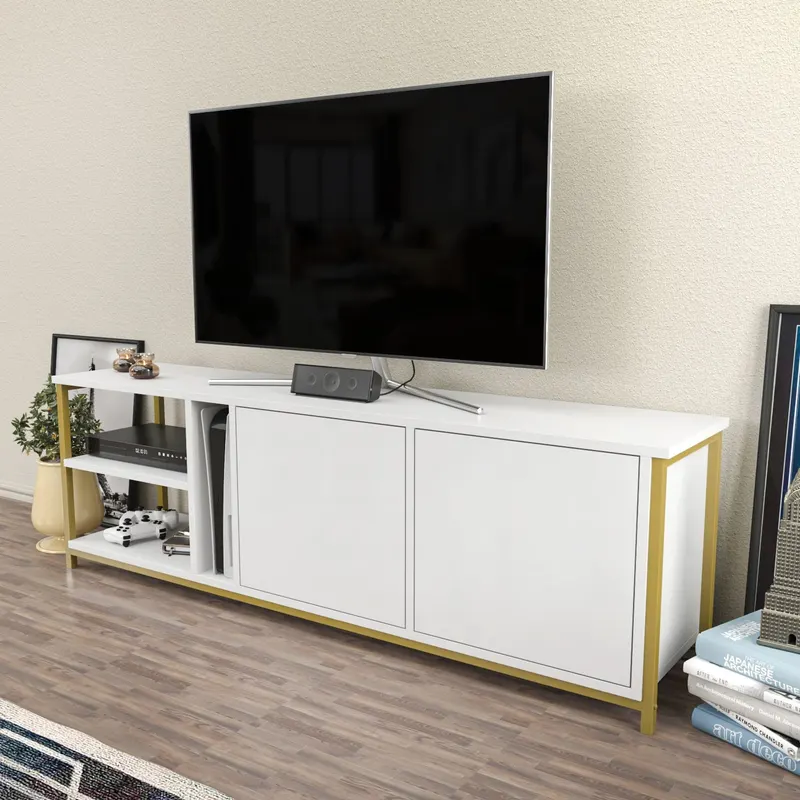Comodă TV Primrose, Diverse culori, 160x35x51 cm - Alb - Auriu