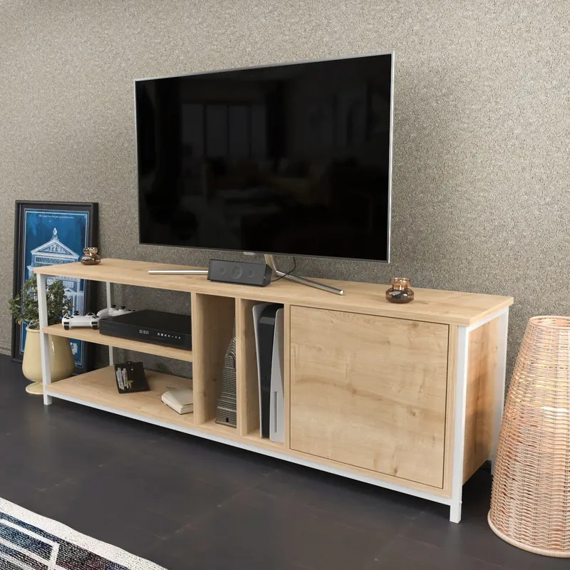 Comodă TV Oneida, Diverse culori, 140x35x51 cm - Alb - Stejar