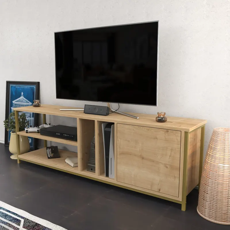 Comodă TV Oneida, Diverse culori, 140x35x51 cm - Auriu - Stejar
