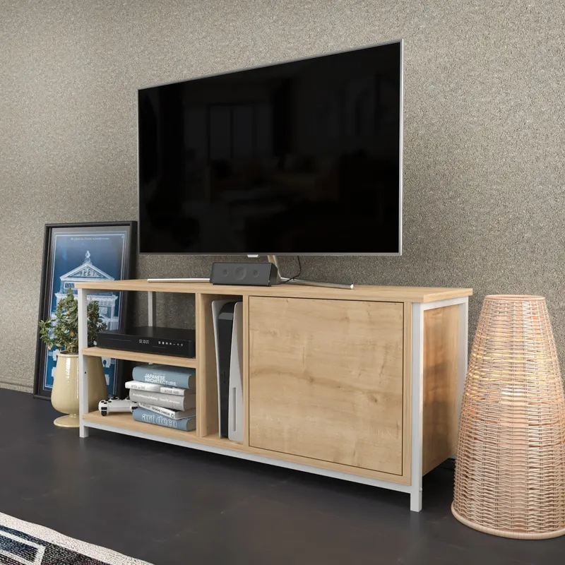 Comodă TV Neola, Diverse culori, 120x35x51 cm - Alb - Stejar