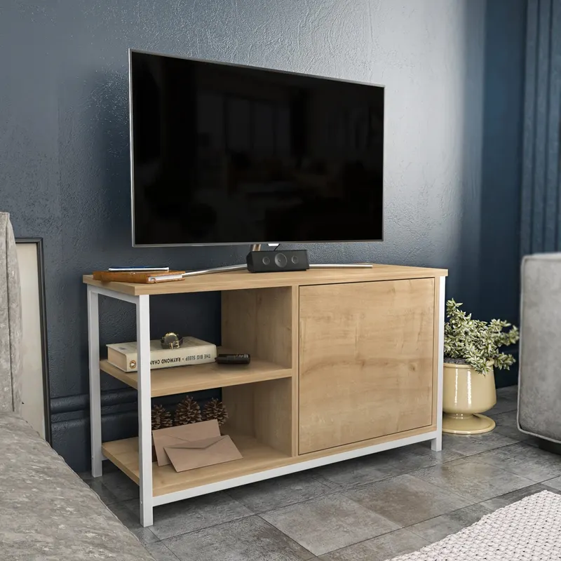 Comodă TV Muskegon, Diverse culori, 90x35x51 cm - Alb - Stejar
