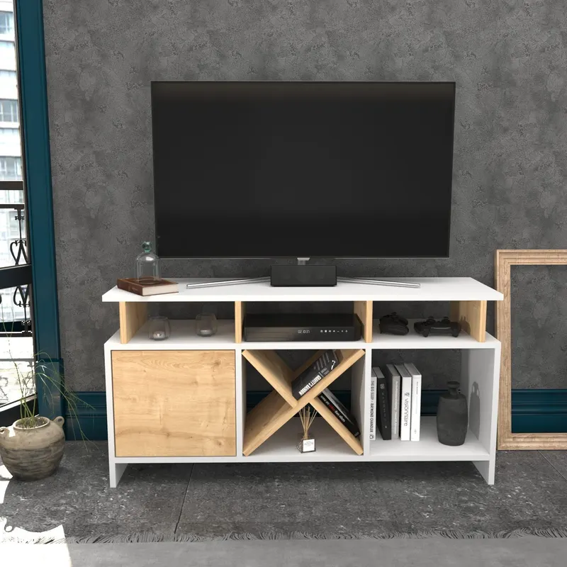 Comodă TV Auburn, Diverse culori, 120x30x61 cm - Alb - Stejar