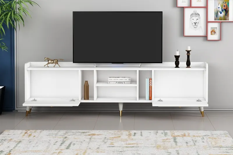 Comodă TV Rudy v2, Diverse culori, 180x35x55 cm - Alb - Auriu