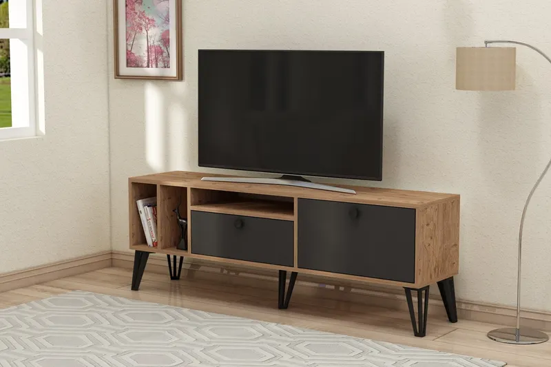 Comodă TV Aris, Diverse culori, 150x35x53 cm - Pin atlantic - Negru