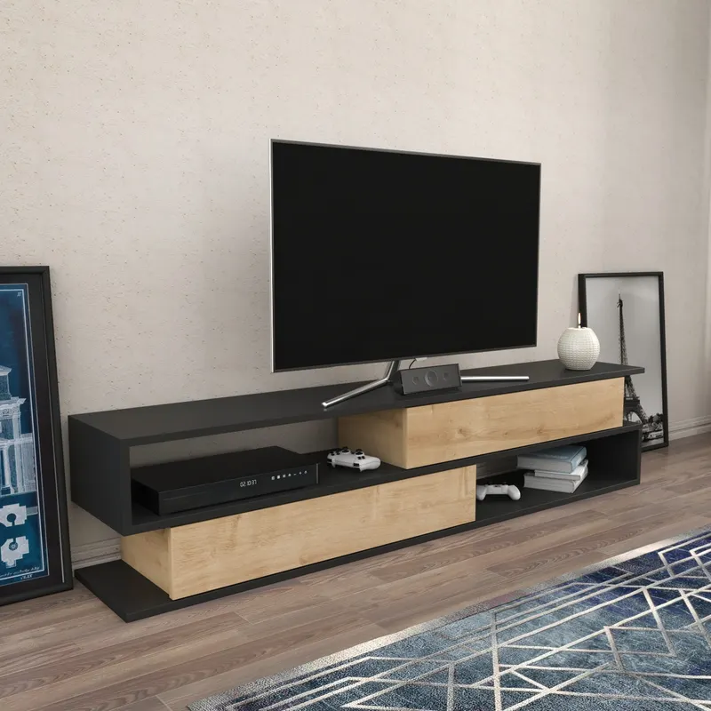 Comodă TV Cortez, Diverse culori, 160x35x39 cm - Antracit - Stejar