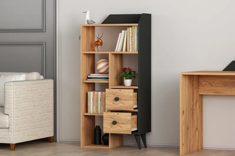 Bibliotecă Star, Diverse culori, 62x30x130 cm - Pin atlantic - Negru
