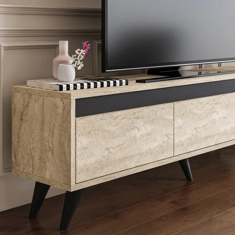 Comodă TV Century, Diverse culori, 150x30x45 cm - Travertin - Antracit