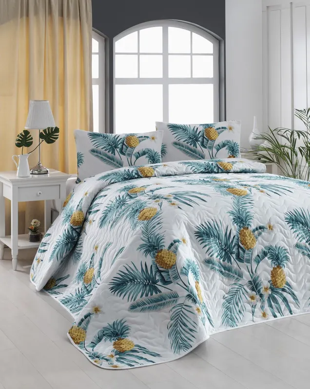 Set Lenjerie Custom Ananas, Alb - Verde - Galben, Diverse configurații, Diverse dimensiuni - 3 bucăți / 200x220 cm
