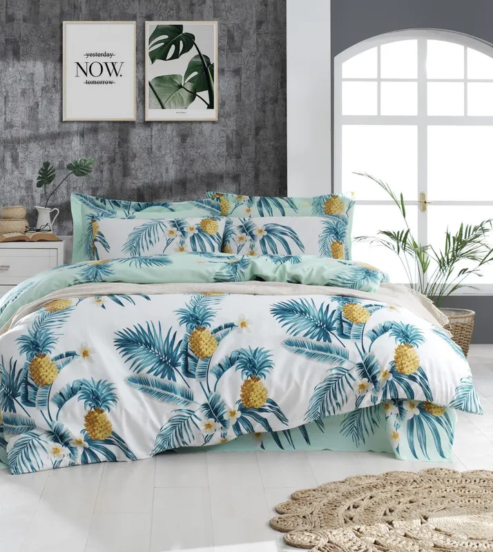Set Lenjerie Custom Ananas, Alb - Verde - Galben, Diverse configurații, Diverse dimensiuni - 4 bucăți / 220x240 cm