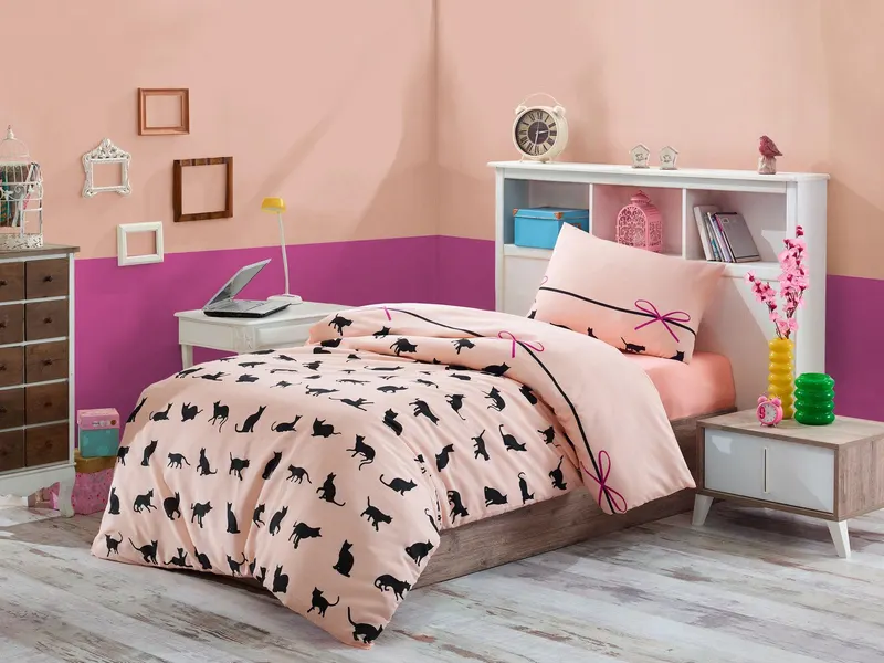 Set Lenjerie Cats, Pudră - Negru - Fucsia, Diverse dimensiuni - 160x220 cm