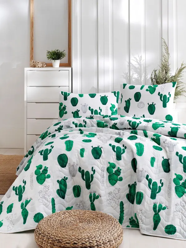 Set Lenjerie Kaktüs, Alb - Verde, Diverse configurații, Diverse dimensiuni - 3 bucăți / 200x220 cm