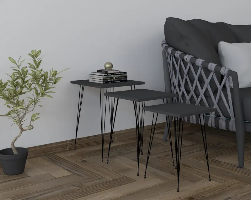 Set 3 măsuțe de cafea Mali, Diverse culori, Diverse dimensiuni - Negru - Antracit / 44x45x52 cm