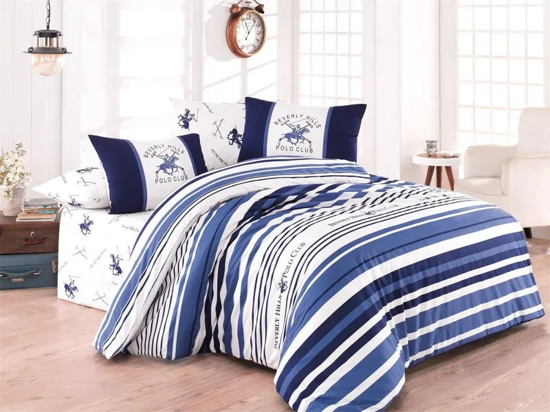 Set Lenjerie BHPC 029, Alb - Albastru, Diverse configurații, Diverse dimensiuni - 3 bucăți / 160x240 cm