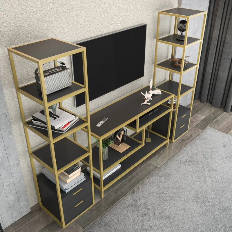 Comodă TV Robbins, Diverse culori, Diverse dimensiuni - Auriu - Antracit / 198x39x160 cm