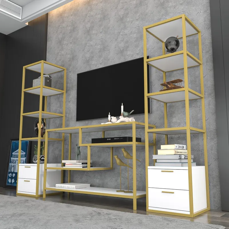 Comodă TV Robbins, Diverse culori, Diverse dimensiuni - Auriu - Alb / 198x39x160 cm