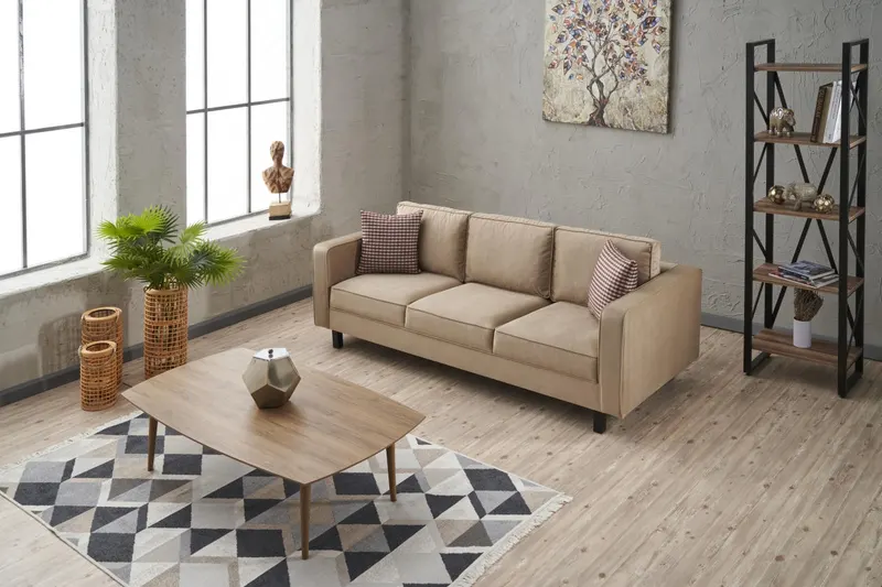 Canapea fixă Kale Velvet, Diverse culori, Diverse configurații, Diverse dimensiuni - Crem / 3 locuri / 222x91x83 cm