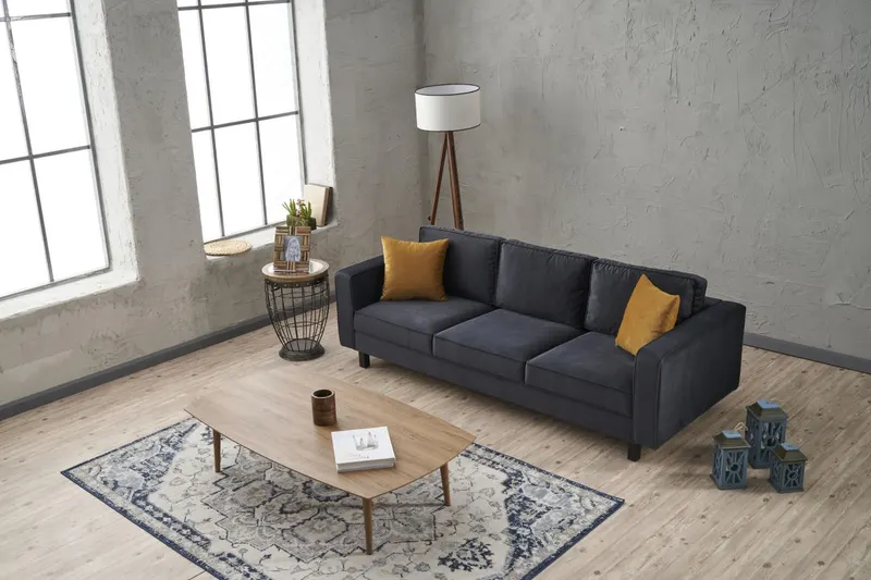 Canapea fixă Kale Velvet, Diverse culori, Diverse configurații, Diverse dimensiuni - Antracit / 3 locuri / 222x91x83 cm
