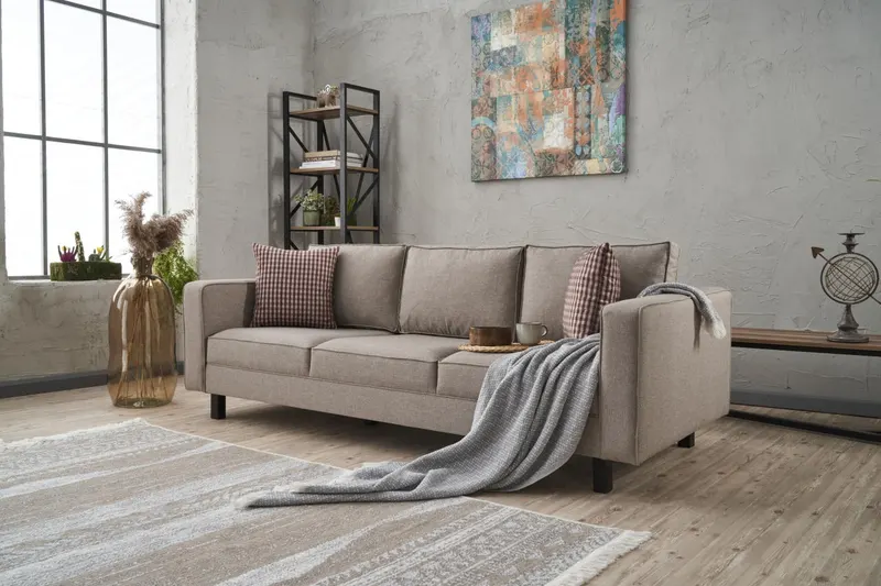 Canapea fixă Kale Linen, Diverse culori, Diverse configurații, Diverse dimensiuni - Crem / 3 locuri / 222x91x83 cm