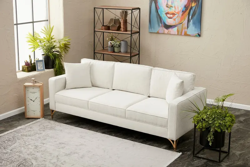 Canapea fixă Berlin, Diverse culori, Diverse configurații, Diverse dimensiuni - Crem - Auriu / 3 locuri / 220x91x83 cm