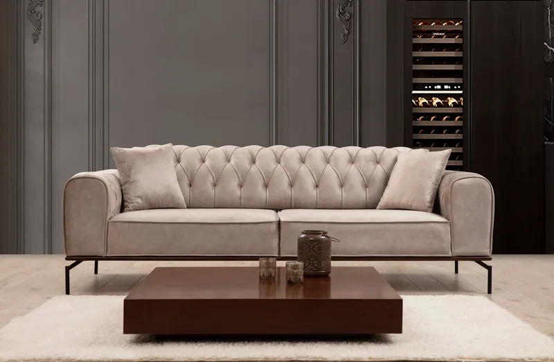 Canapea extensibilă 3 locuri Siesta, Spătar capitonat, Diverse culori, 78x62x92 cm - Crem