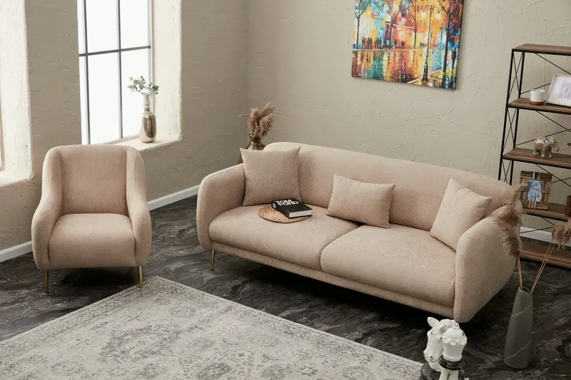 Canapea extensibilă Simena, 3 locuri, Diverse culori, 210x95x80 cm - Bej - Auriu