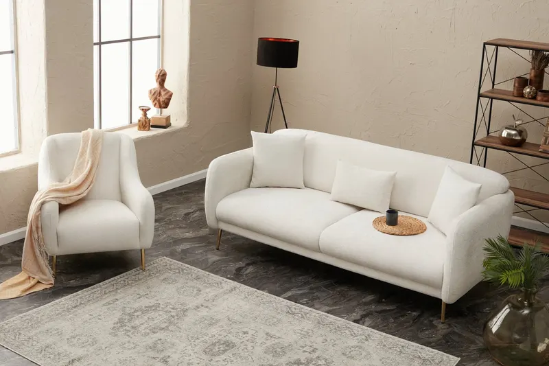 Canapea extensibilă Simena, 3 locuri, Diverse culori, 210x95x80 cm - Crem - Auriu