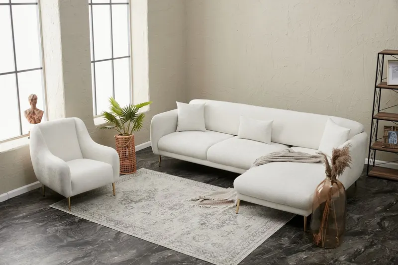 Canapea extensibilă Simena, Colț, 3 piese, Dreapta, Diverse culori, 266x65x80 cm - Crem - Auriu
