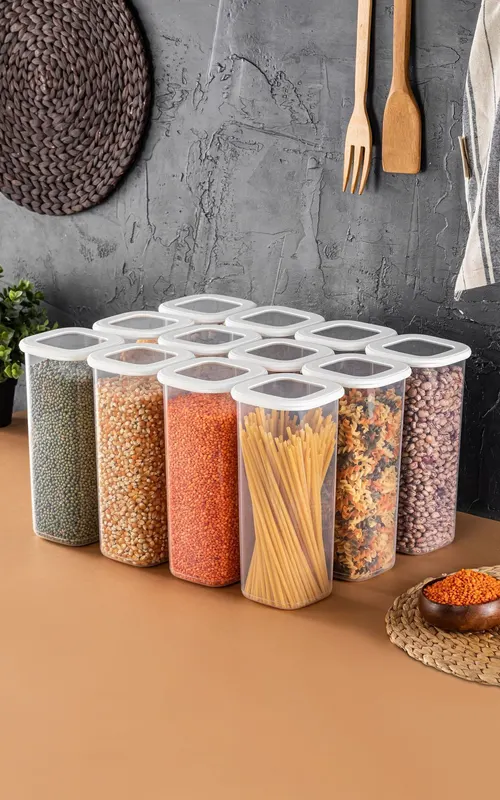 Set recipiente pentru depozitare 12 bucăți BNMPOLYWS12-17, Alb, 10x10x25 cm - Alb