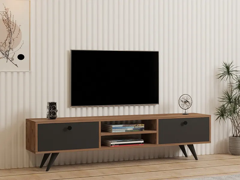 Comodă TV Tumuki, Pin atlantic - Antracit, 160x30x37 cm - Natural - Antracit