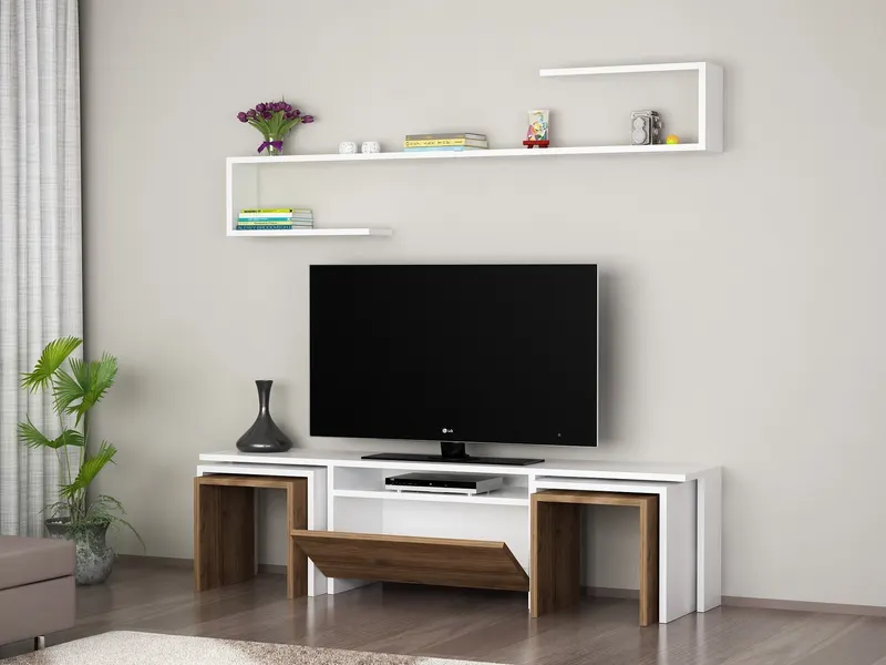 Comodă TV Ege, Alb - Nuc, 140x30x39 cm - Alb - Nuc