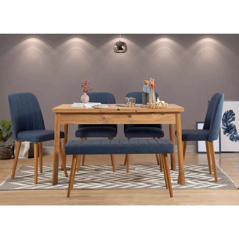 Masă extensibilă cu scaune 6 bucăți Santiago Atlantic Dark Blue, Stejar - Albastru închis, 120x75x77 cm - Albastru - Stejar