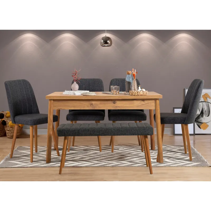 Masă cu scaune 6 bucăți Costa Atlantic Anthracite, Pin atlantic - Antracit, 120x75x77 cm - Antracit - Natural