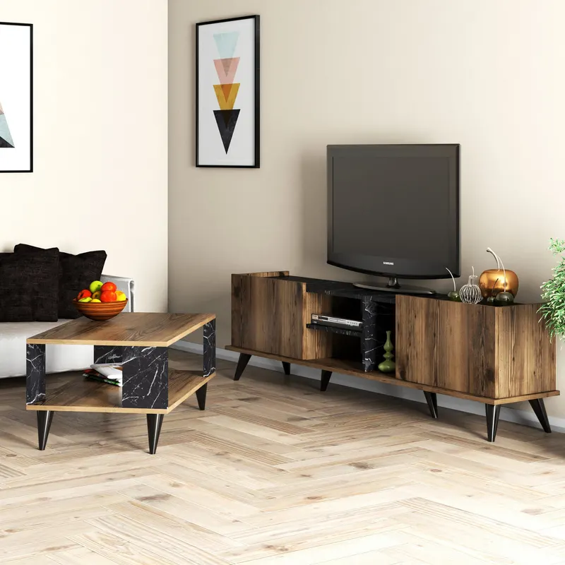 Set mobilă pentru sufragerie Set 1330 - 2024, Nuc - Negru, 180x34x52 cm - Nuc - Negru