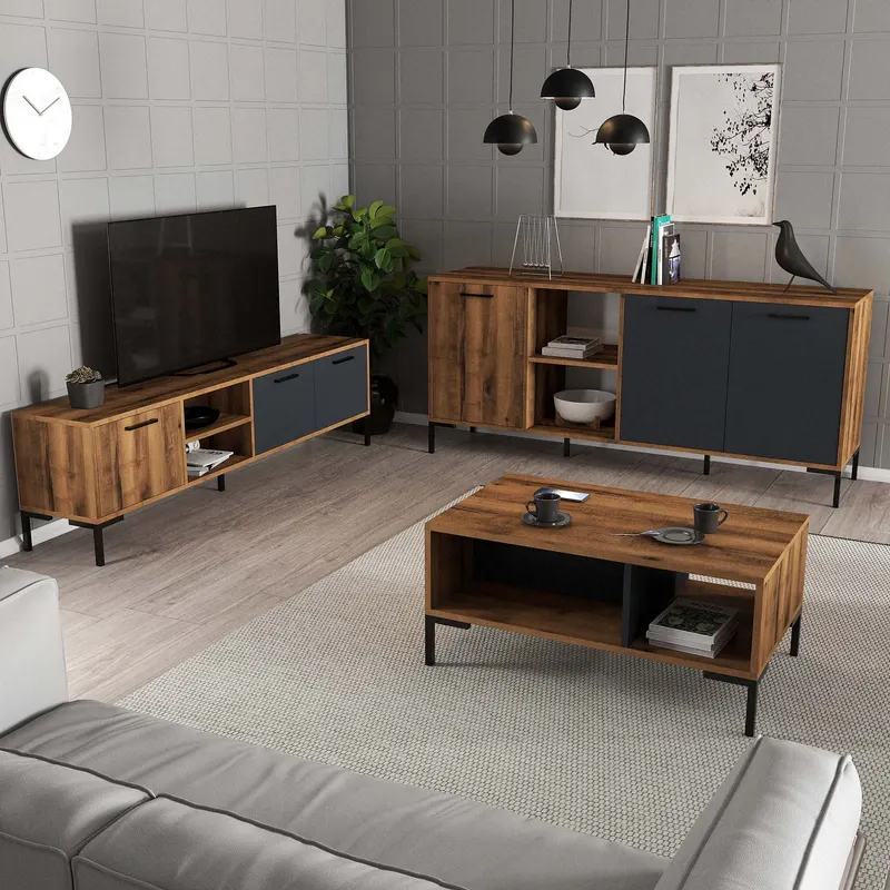 Set mobilă pentru sufragerie Set 1590-2080-1630, Nuc - Antracit, 150x34x52 cm - Nuc - Antracit